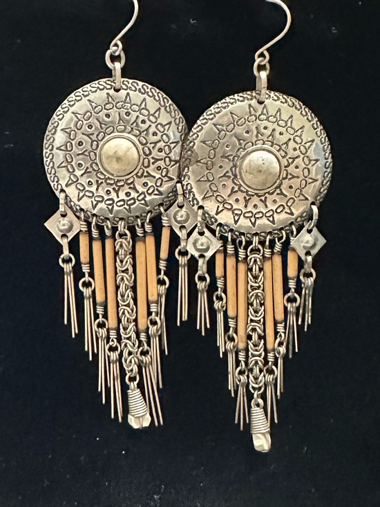 Unbranded Jewelry - Vintage Bohemian Silver-Tone Fringe Concho Earrings with Tan Accents Tribal
